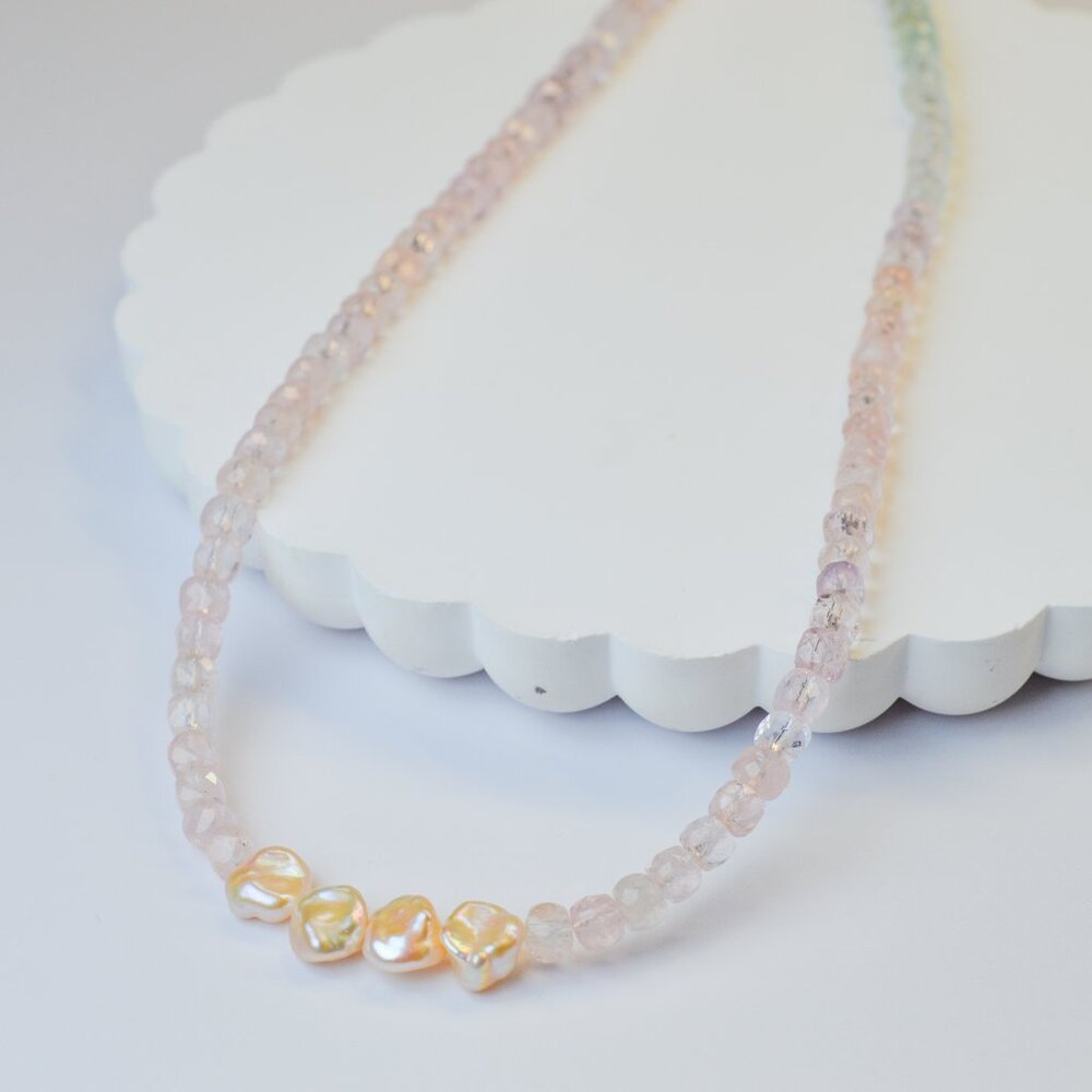 Morganite & Keshi Pearl Necklace 17.5in Sterling Silver